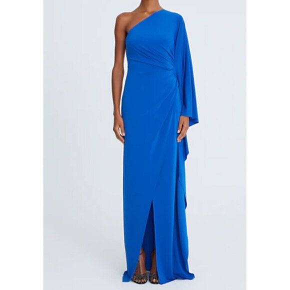 Halston Dress 16 Blue One Shoulder Maxi Ellen Jersey Cape Neutral Regal Wedding - Picture 1 of 15